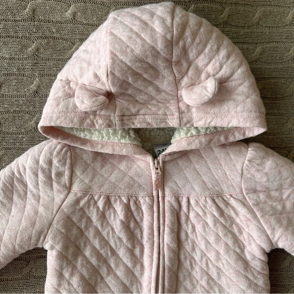 EUC Carter’s Baby Girl Quilted Baby Bear Sherpa Lined Hoodie, Pink, 24 Months